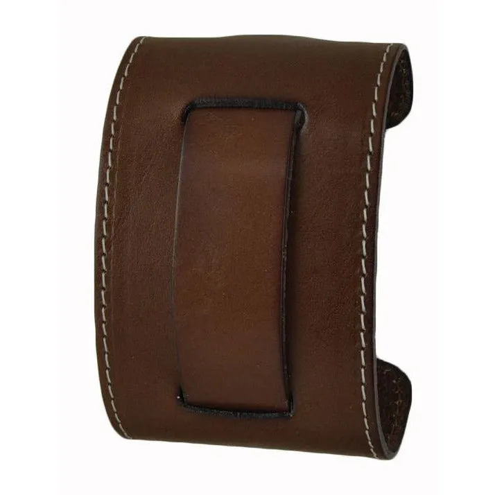 White Stitched Brown Leather Wide Cuff