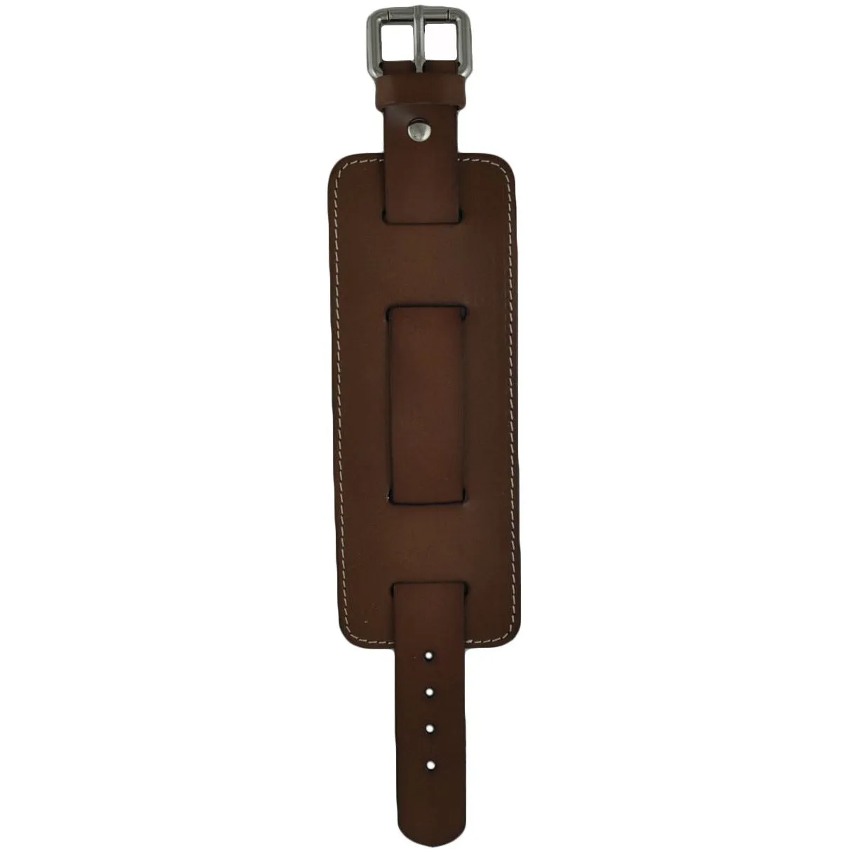 White Stitched Brown Leather Wide Cuff