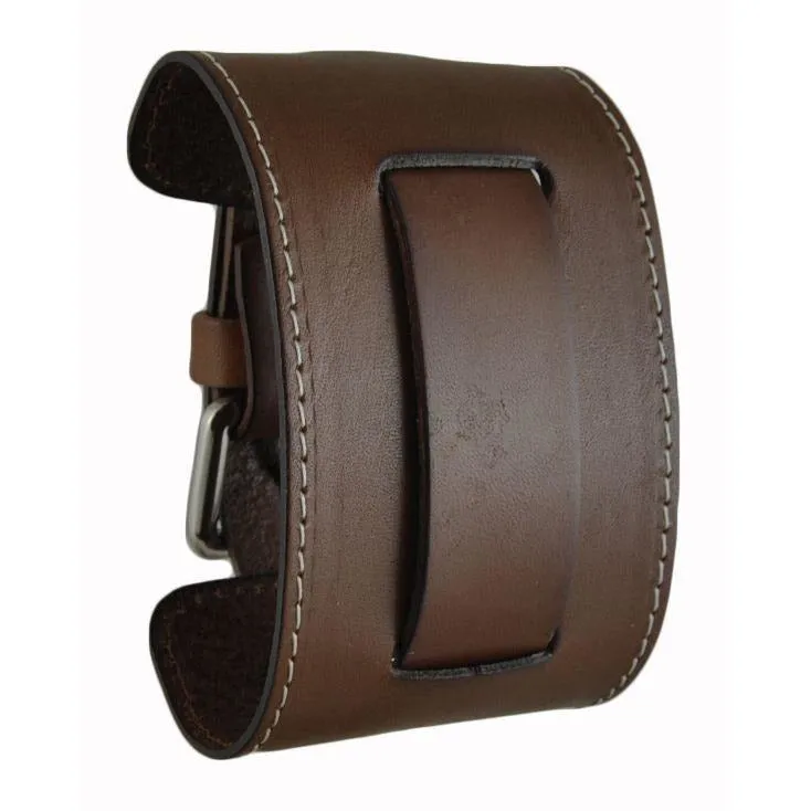 White Stitched Brown Leather Wide Cuff