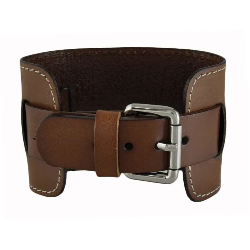 White Stitched Brown Leather Wide Cuff