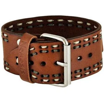 White/Grey Double Stitched Brown Leather Cuff