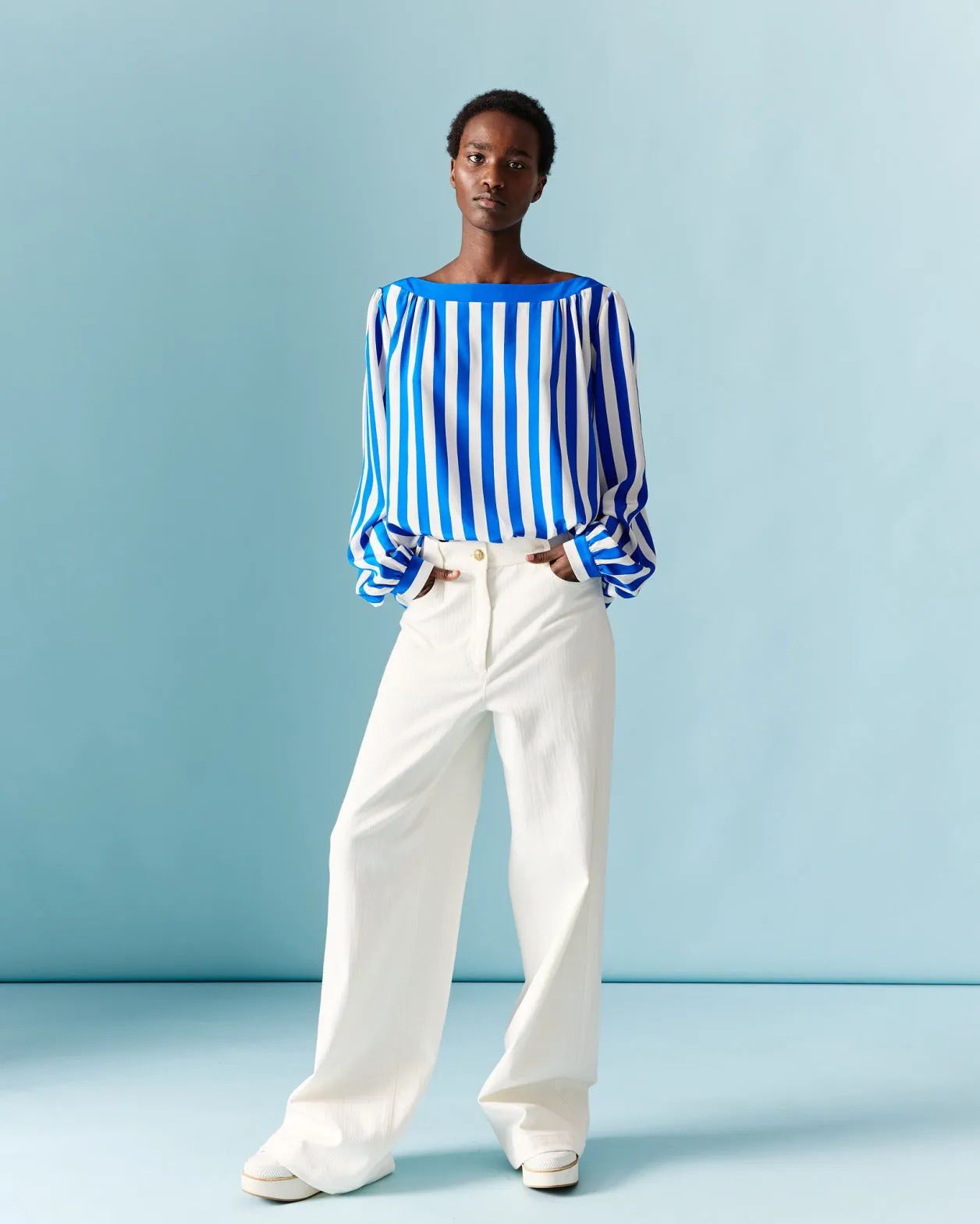 Wide Cotton Denim Stretch Pants