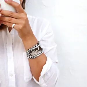 Wide Leather and Chain Cuff Bracelet - Angelica