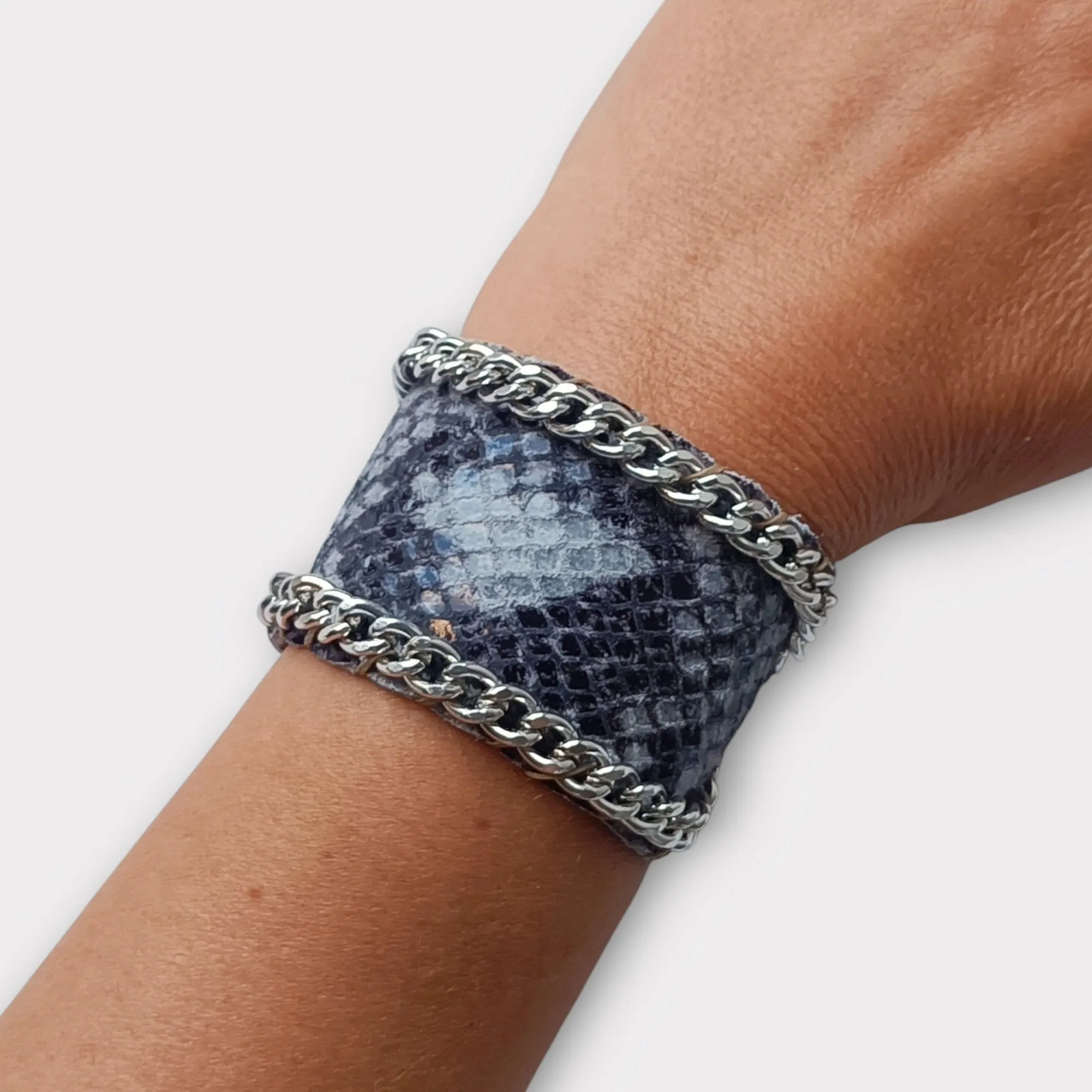 Wide Leather and Chain Cuff Bracelet - Angelica