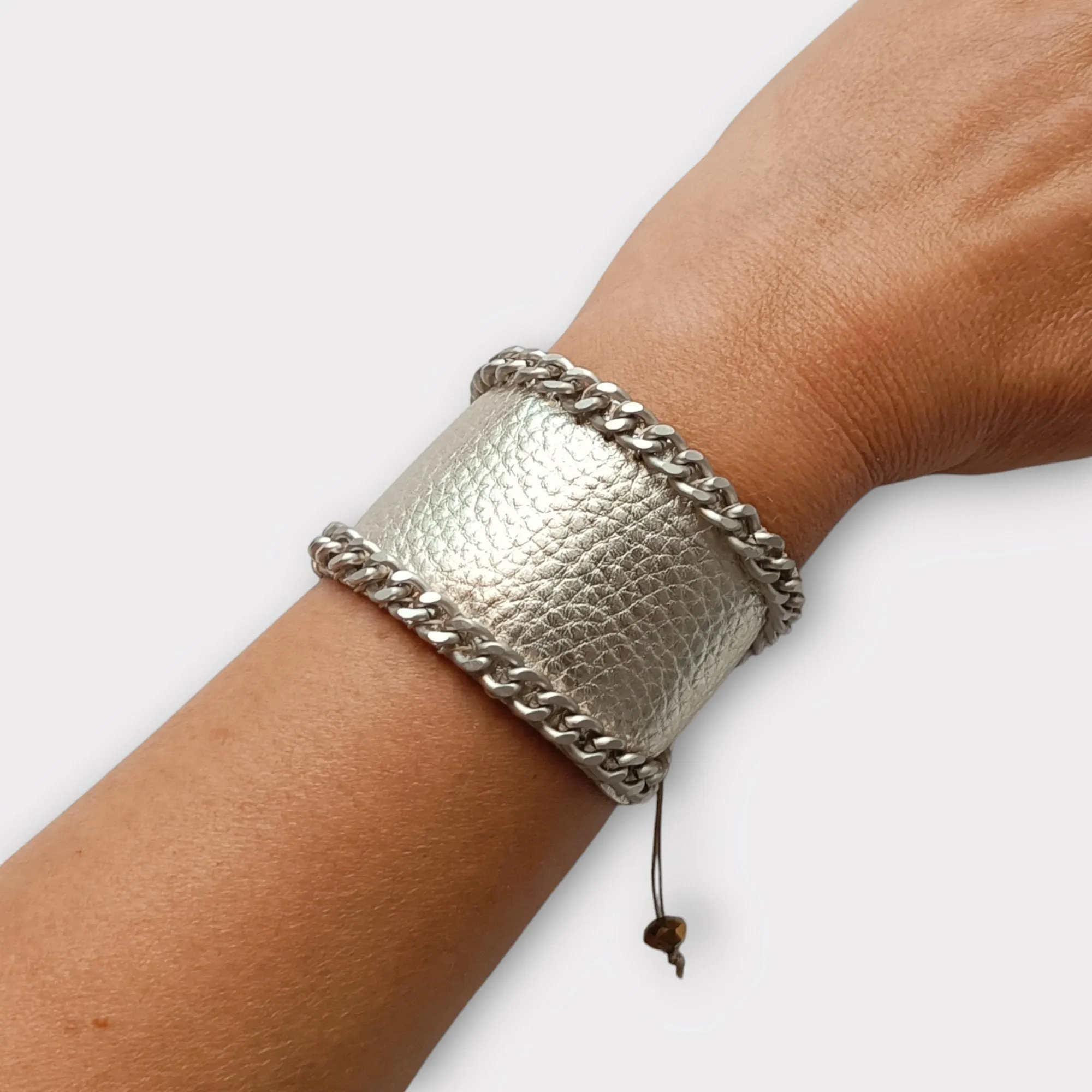Wide Leather and Chain Cuff Bracelet - Angelica