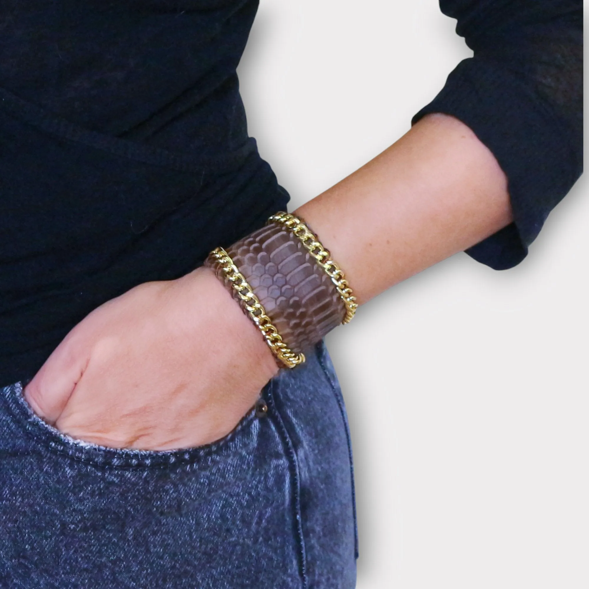 Wide Leather and Chain Cuff Bracelet - Angelica