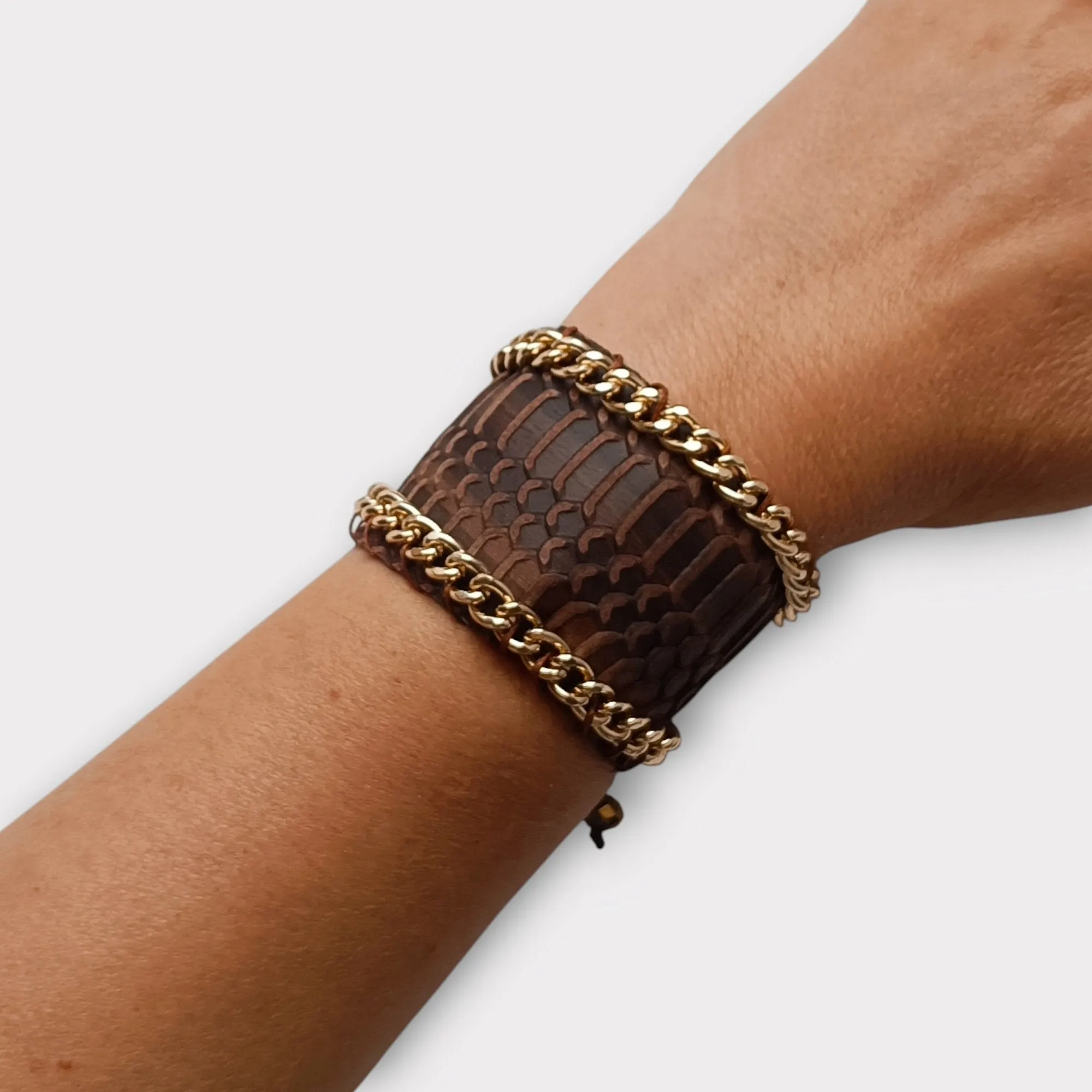 Wide Leather and Chain Cuff Bracelet - Angelica