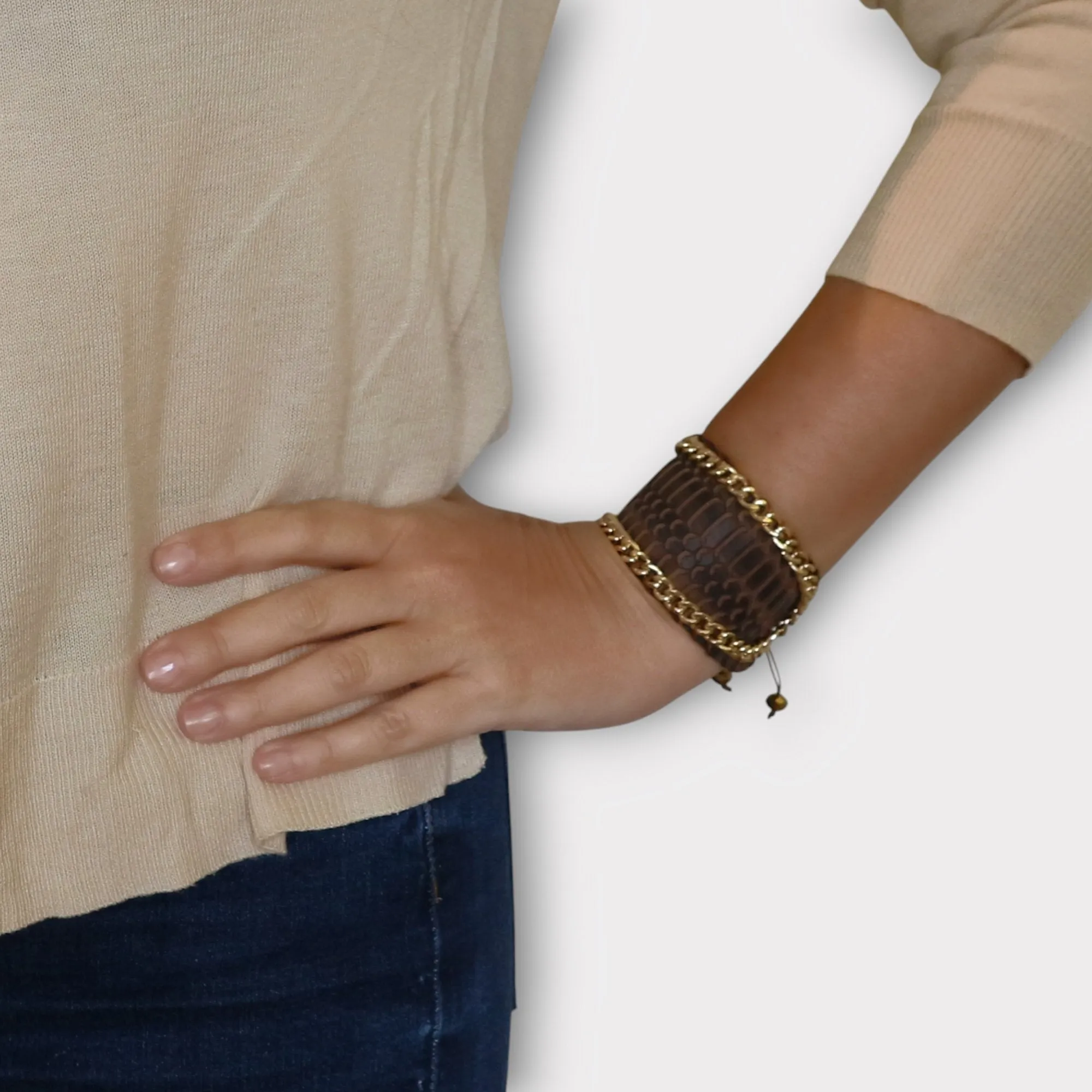 Wide Leather and Chain Cuff Bracelet - Angelica