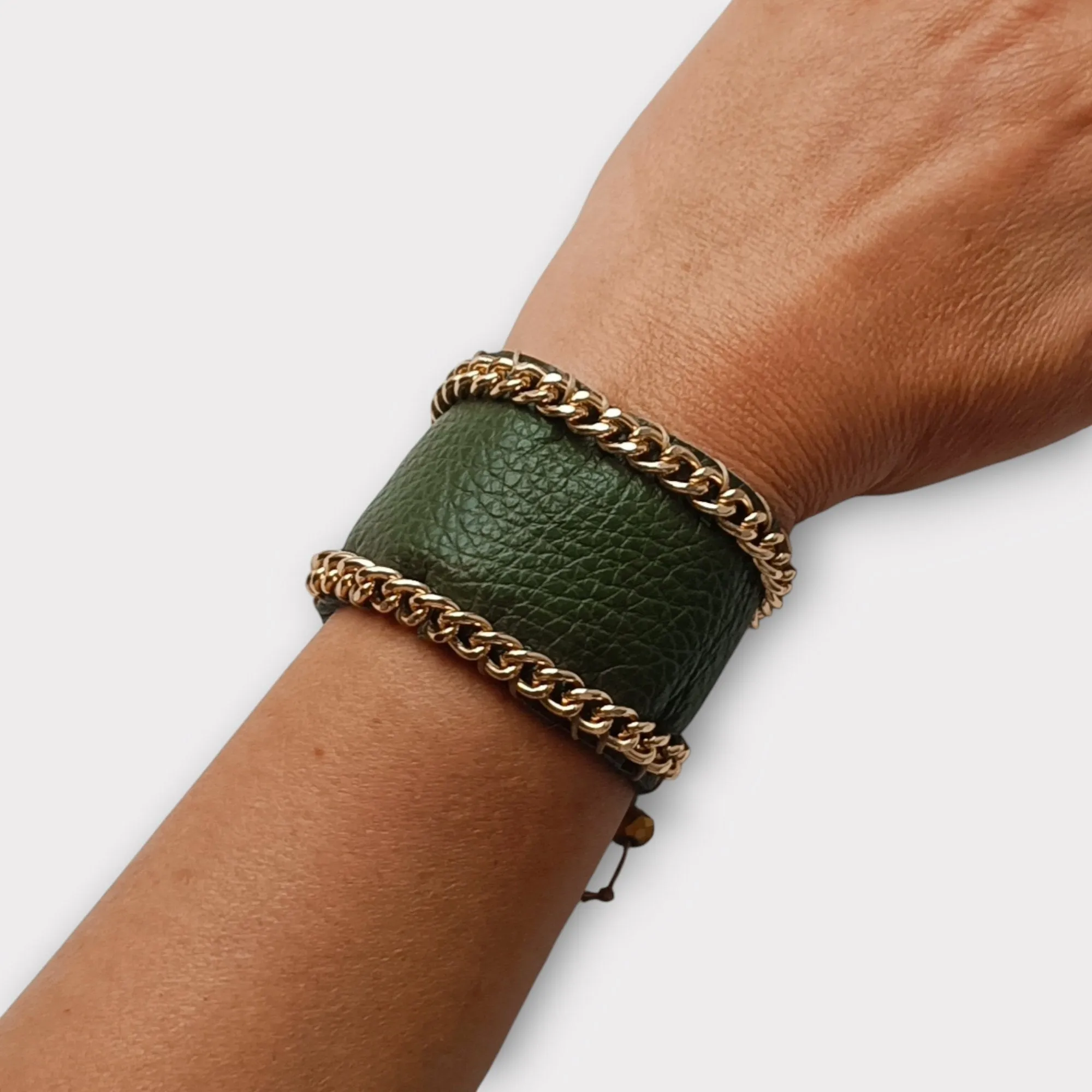 Wide Leather and Chain Cuff Bracelet - Angelica