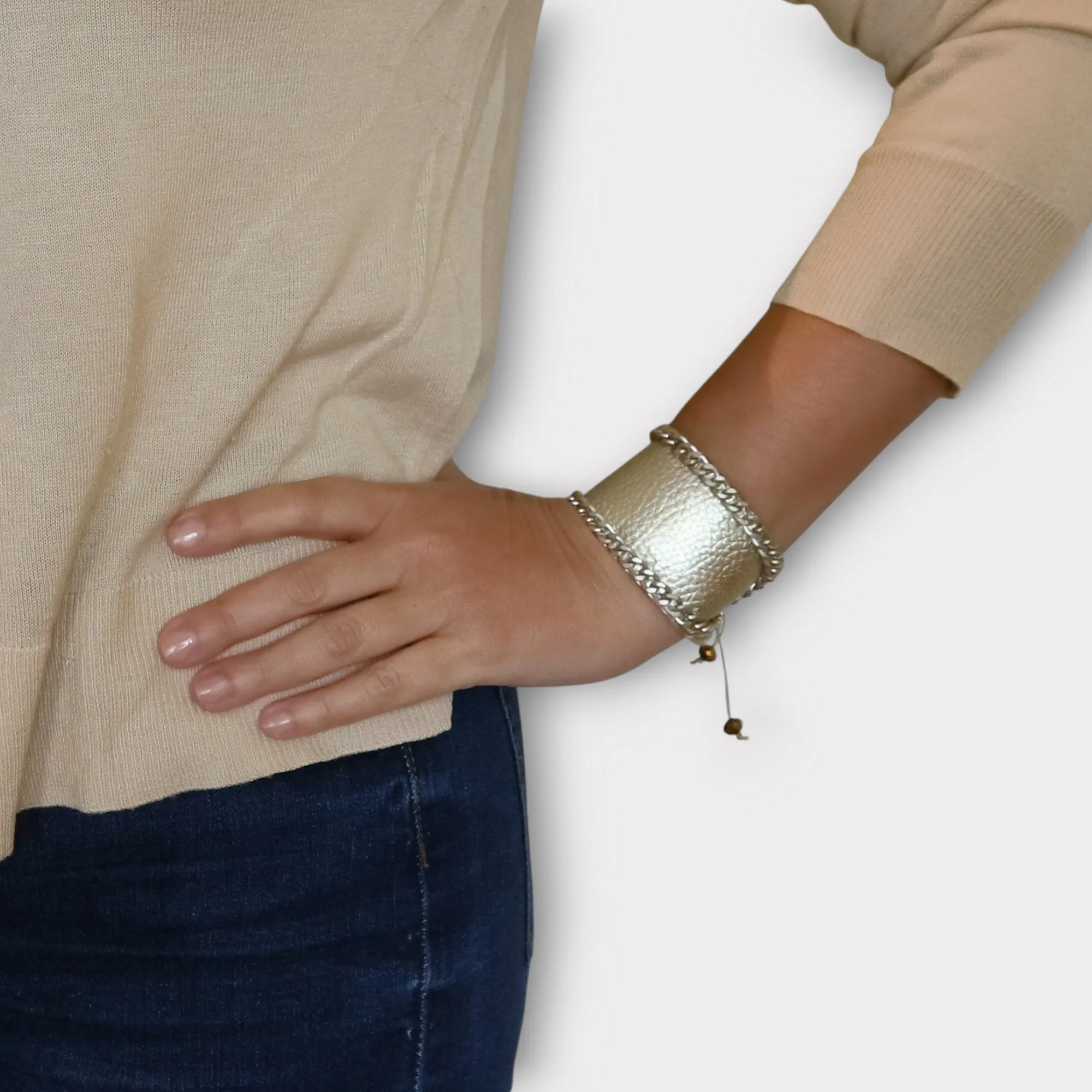 Wide Leather and Chain Cuff Bracelet - Angelica