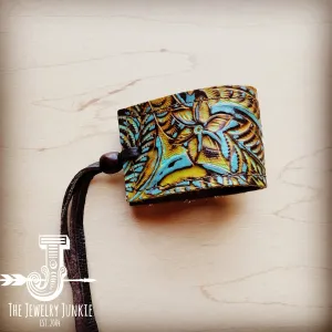 Wide Leather Cuff with Adjustable Ties in Dallas with Turquoise Rock