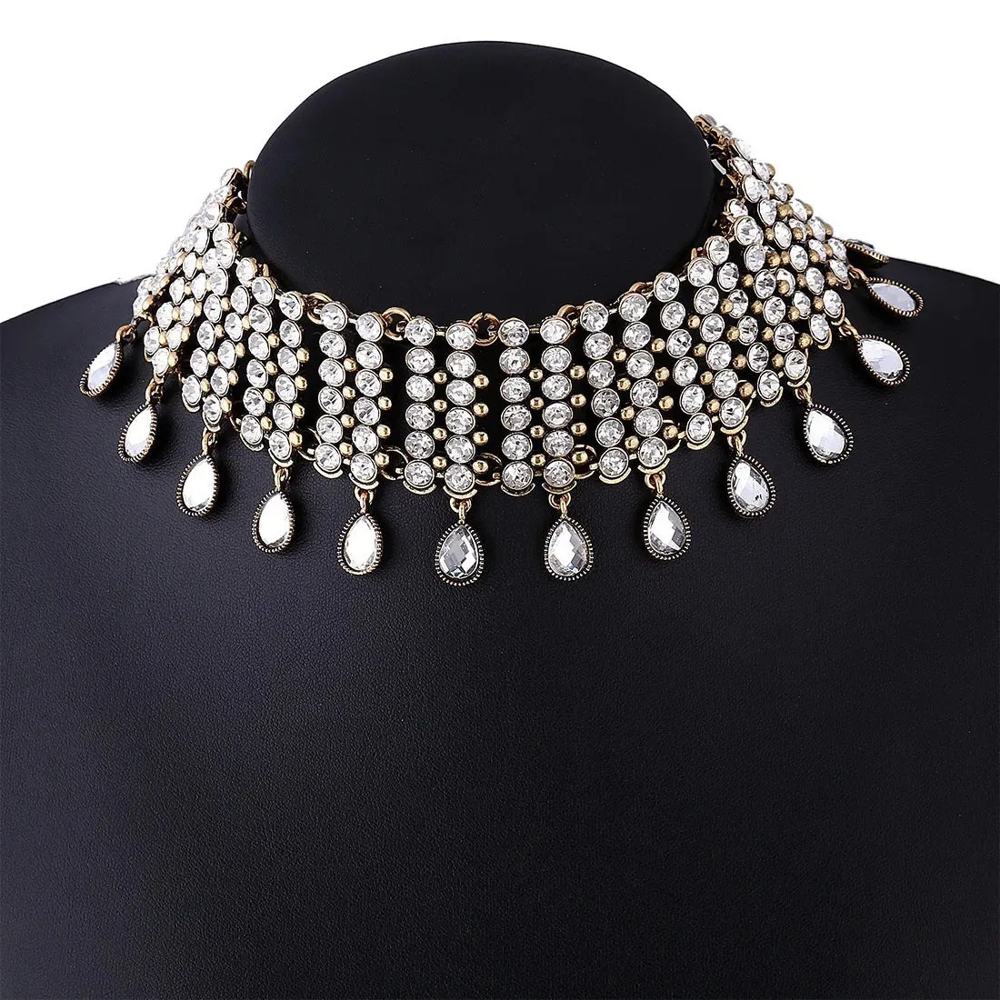Wild Full Brilliant Crystal Rhinestone Choker Necklace Authentic Indian Bib Statement Necklaces for Women Lady Party Jewelry
