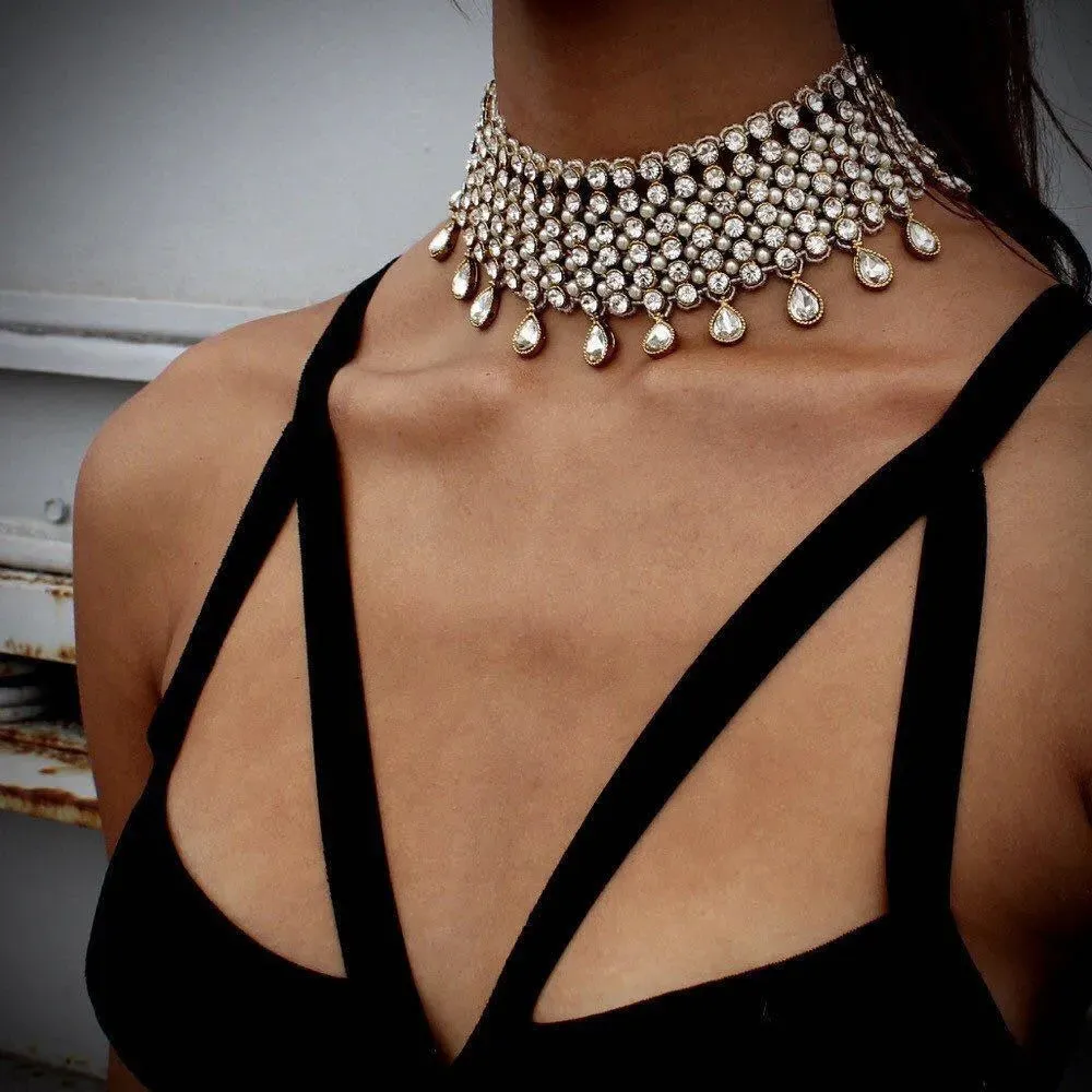 Wild Full Brilliant Crystal Rhinestone Choker Necklace Authentic Indian Bib Statement Necklaces for Women Lady Party Jewelry