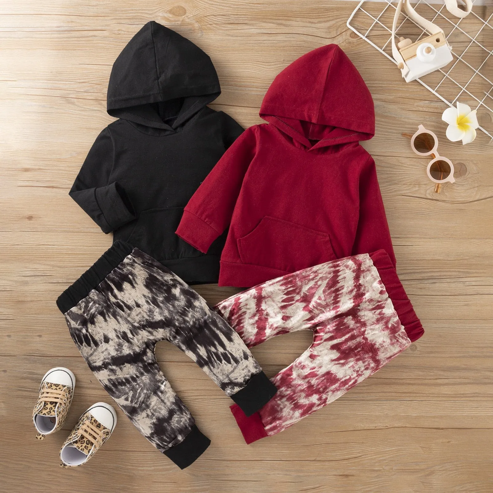 Winter Infant Unisex Clothing Set Solid Hooded Sweatshirt  Pants Infant Outfit