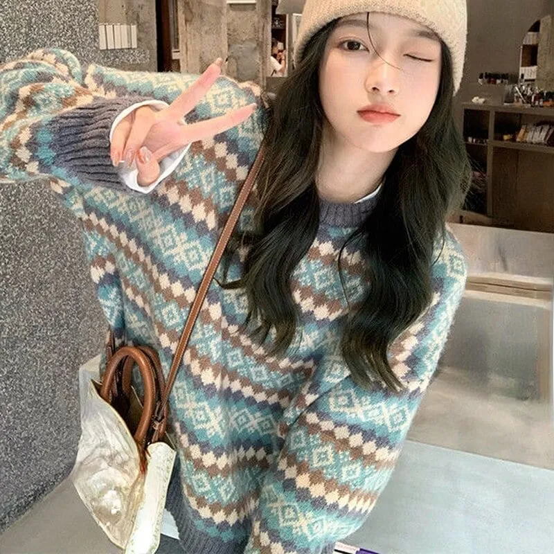 Winter Korean Print Patchwork Sweater