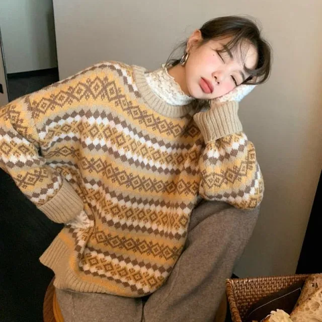 Winter Korean Print Patchwork Sweater