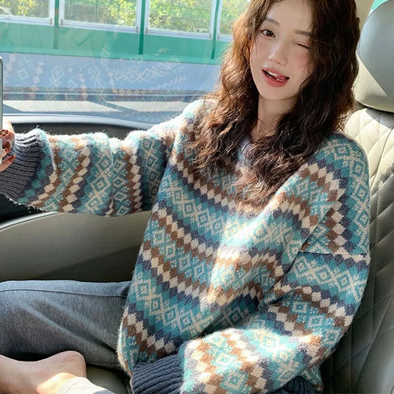 Winter Korean Print Patchwork Sweater
