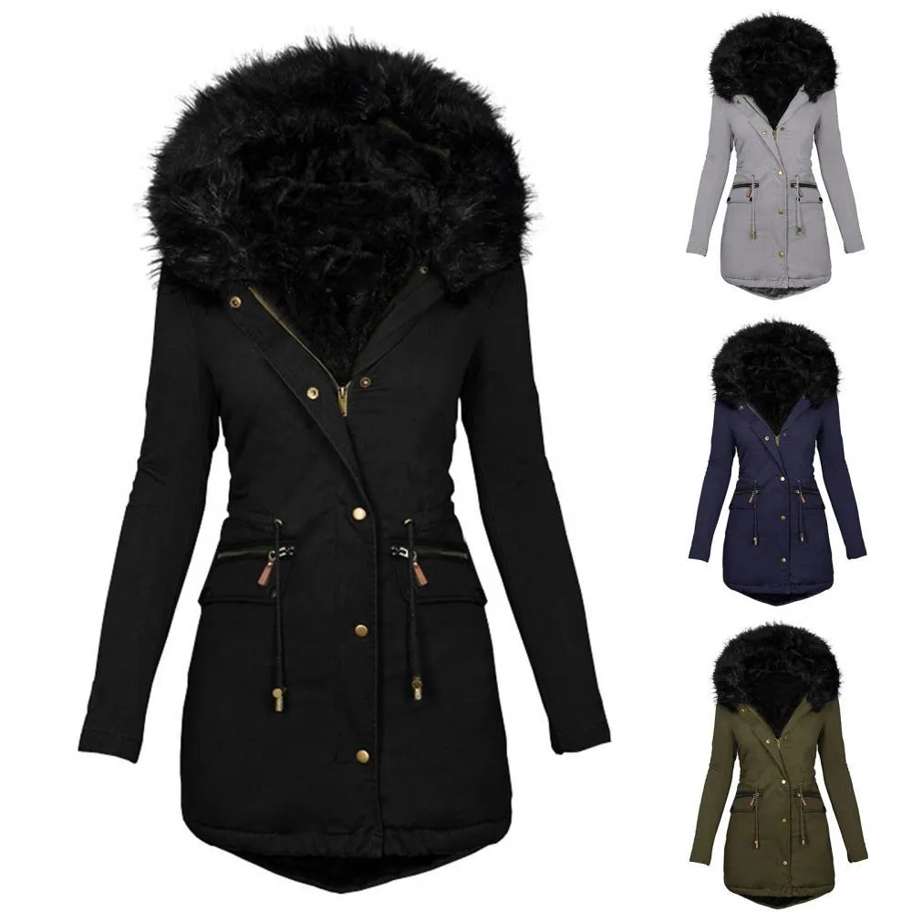 Winter Long Sleeve Faux Fur Hood Mid-length Warm Coat- Parka Snow Jacket