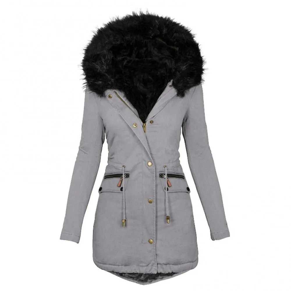 Winter Long Sleeve Faux Fur Hood Mid-length Warm Coat- Parka Snow Jacket
