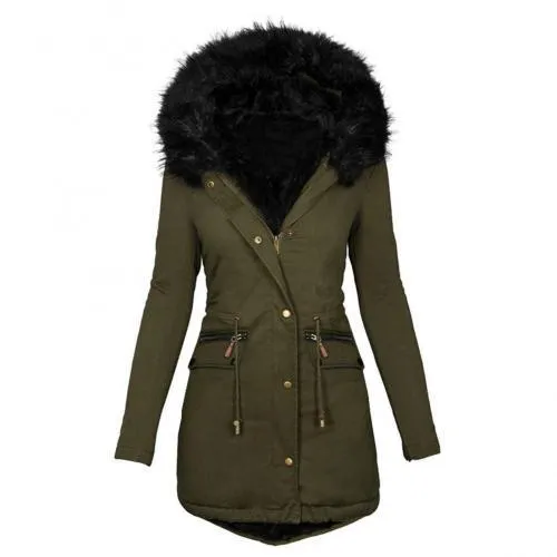 Winter Long Sleeve Faux Fur Hood Mid-length Warm Coat- Parka Snow Jacket