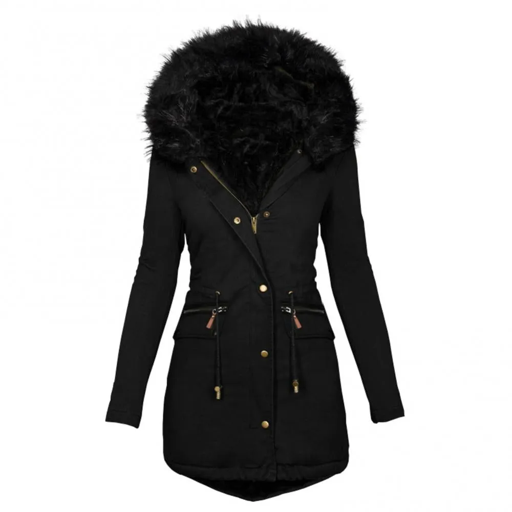 Winter Long Sleeve Faux Fur Hood Mid-length Warm Coat- Parka Snow Jacket