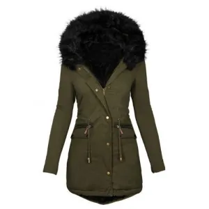 Winter Long Sleeve Faux Fur Hood Mid-length Warm Coat- Parka Snow Jacket