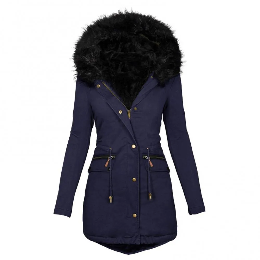 Winter Long Sleeve Faux Fur Hood Mid-length Warm Coat- Parka Snow Jacket