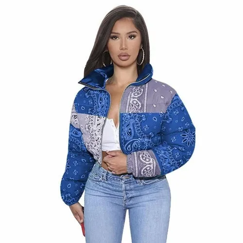 Women Coat, Bandana Style Paisley Print Outerwear Bubble Jacket