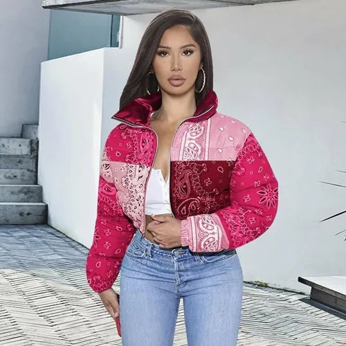 Women Coat, Bandana Style Paisley Print Outerwear Bubble Jacket