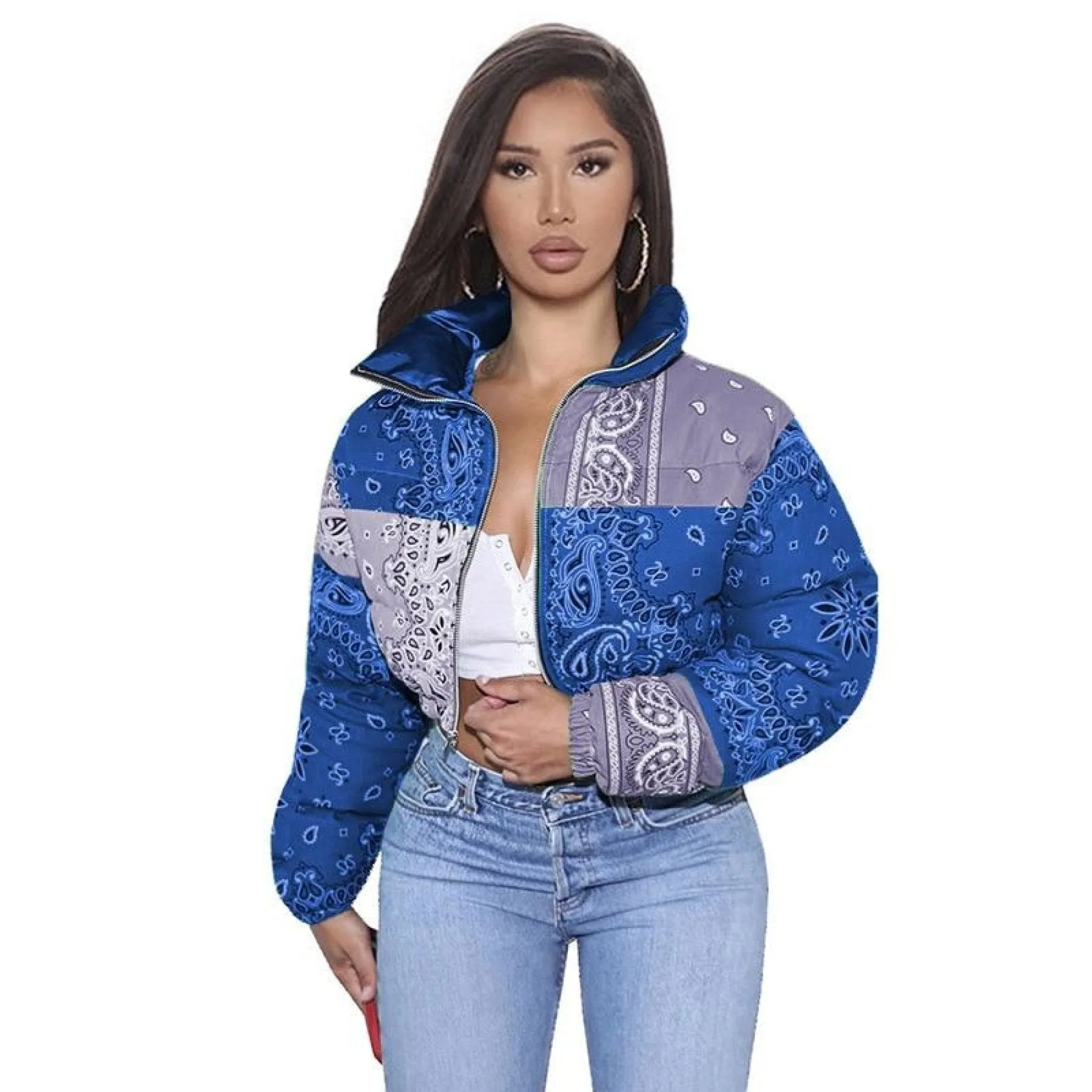 Women Coat, Bandana Style Paisley Print Outerwear Bubble Jacket