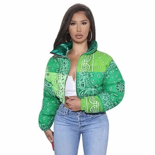 Women Coat, Bandana Style Paisley Print Outerwear Bubble Jacket