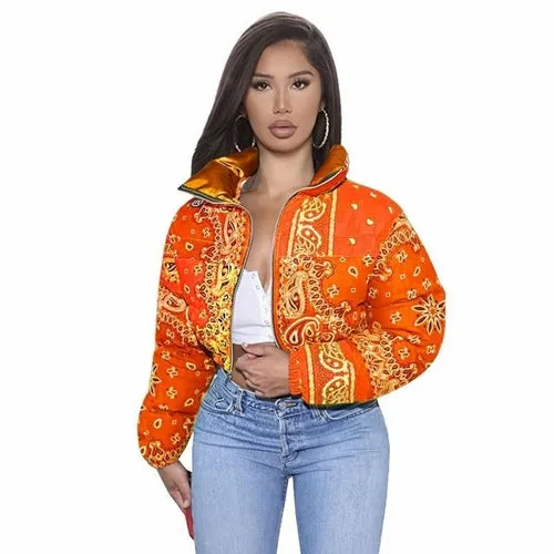 Women Coat, Bandana Style Paisley Print Outerwear Bubble Jacket