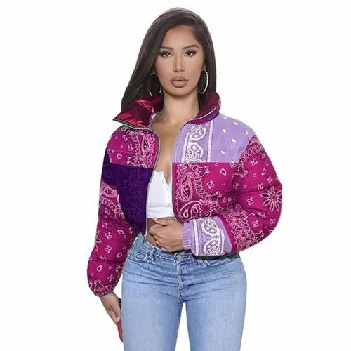Women Coat, Bandana Style Paisley Print Outerwear Bubble Jacket