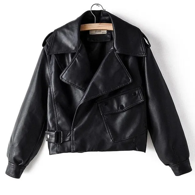 Women Faux Leather Jacket Pu Coat Turndown Collar Loose Streetwear