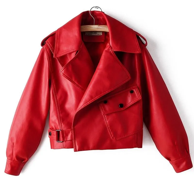 Women Faux Leather Jacket Pu Coat Turndown Collar Loose Streetwear