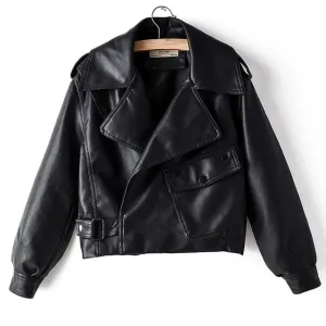 Women Faux Leather Jacket Pu Coat Turndown Collar Loose Streetwear