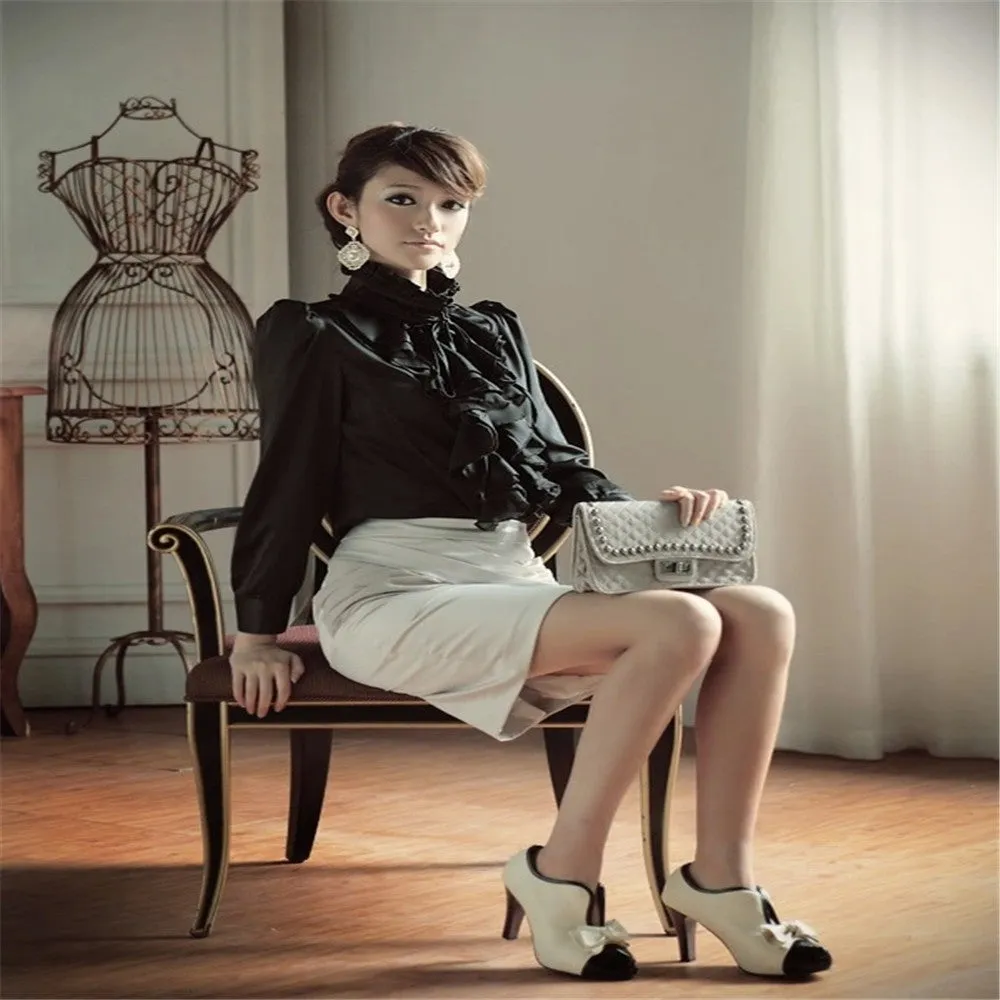 Women Office Blouses Victorian Top Button Silky Lace Collar Ruffle Satin Shirts 4025