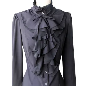 Women Office Blouses Victorian Top Button Silky Lace Collar Ruffle Satin Shirts 4025