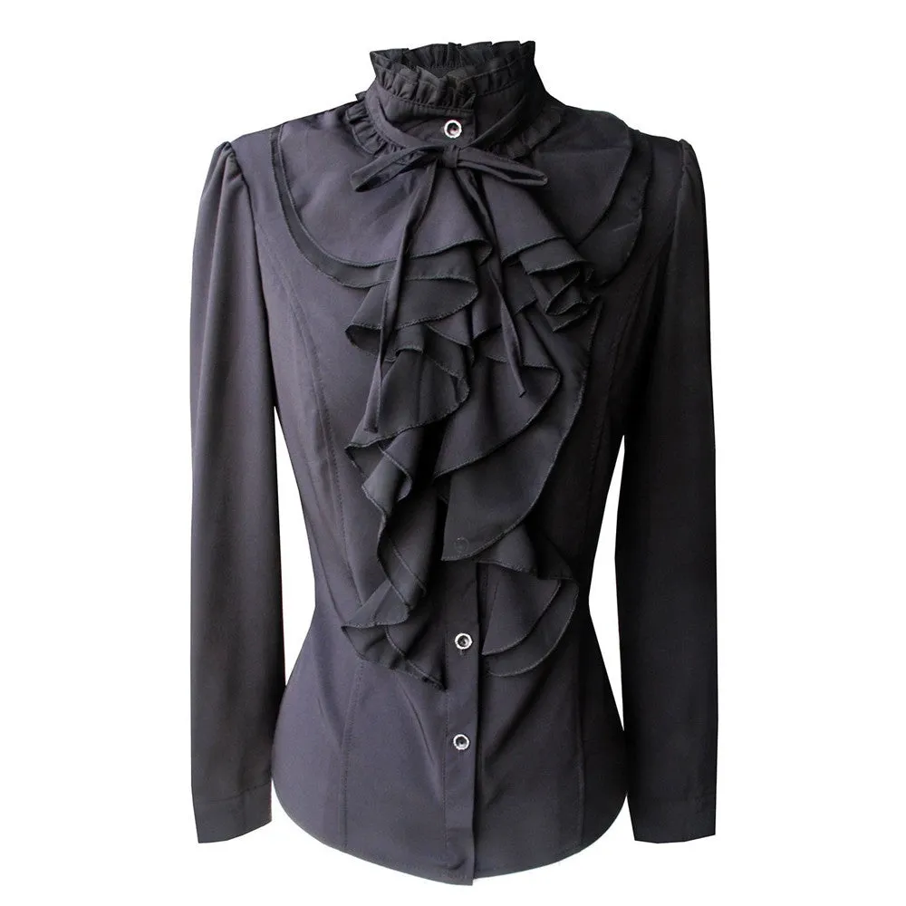 Women Office Blouses Victorian Top Button Silky Lace Collar Ruffle Satin Shirts 4025