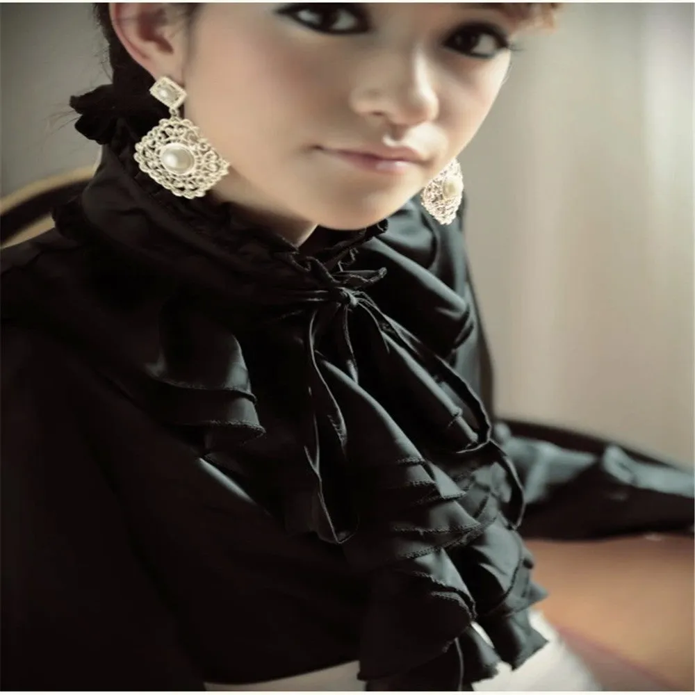 Women Office Blouses Victorian Top Button Silky Lace Collar Ruffle Satin Shirts 4025