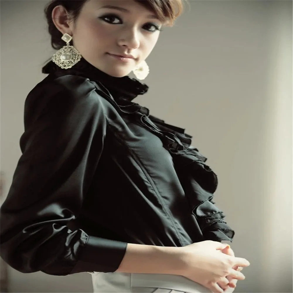 Women Office Blouses Victorian Top Button Silky Lace Collar Ruffle Satin Shirts 4025
