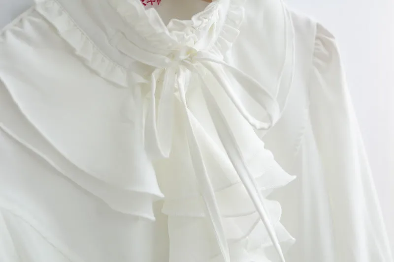 Women Office Blouses Victorian Top Button Silky Lace Collar Ruffle Satin Shirts 4025