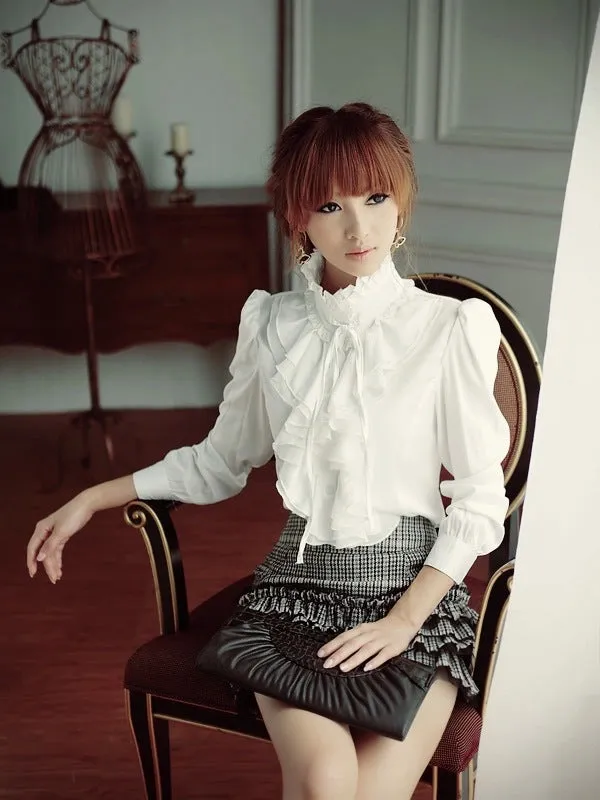 Women Office Blouses Victorian Top Button Silky Lace Collar Ruffle Satin Shirts 4025