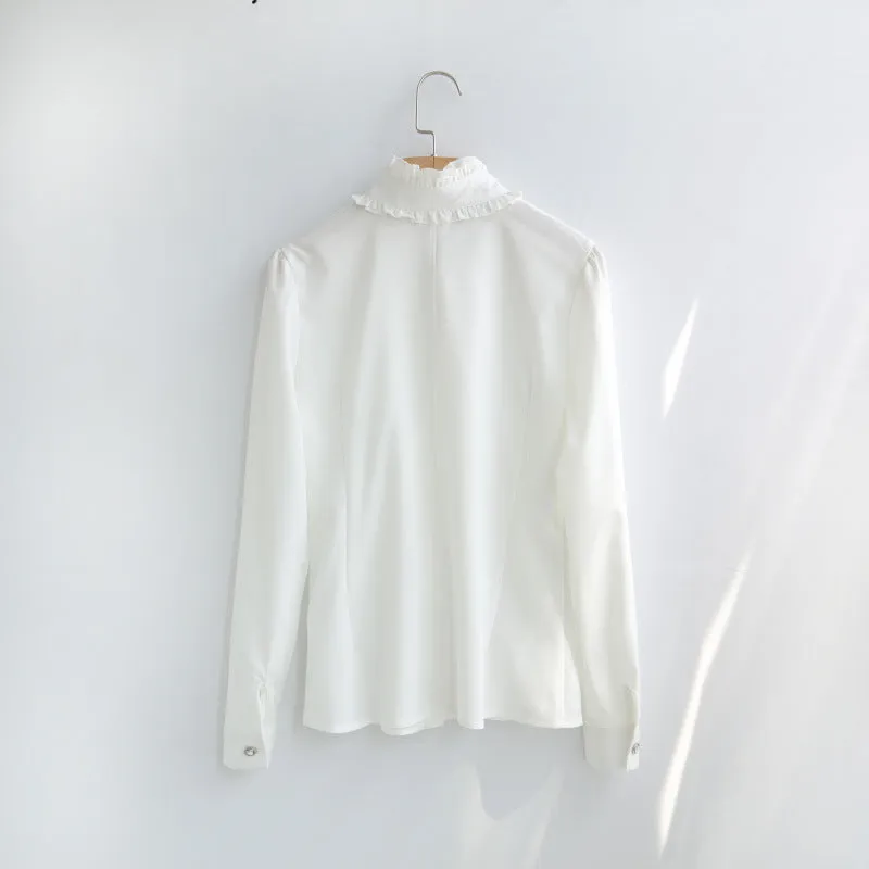 Women Office Blouses Victorian Top Button Silky Lace Collar Ruffle Satin Shirts 4025
