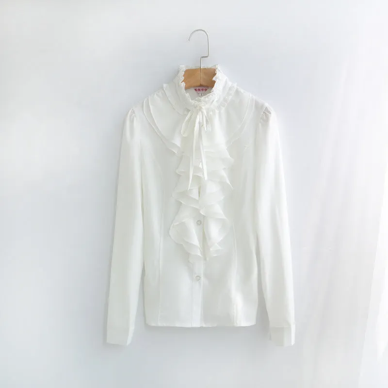 Women Office Blouses Victorian Top Button Silky Lace Collar Ruffle Satin Shirts 4025