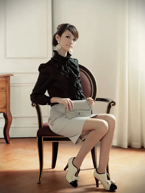 Women Office Blouses Victorian Top Button Silky Lace Collar Ruffle Satin Shirts 4025