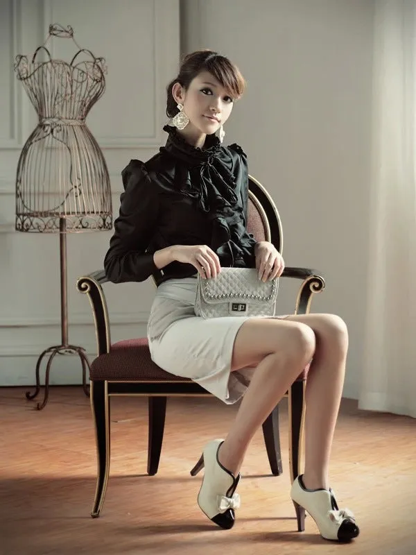 Women Office Blouses Victorian Top Button Silky Lace Collar Ruffle Satin Shirts 4025