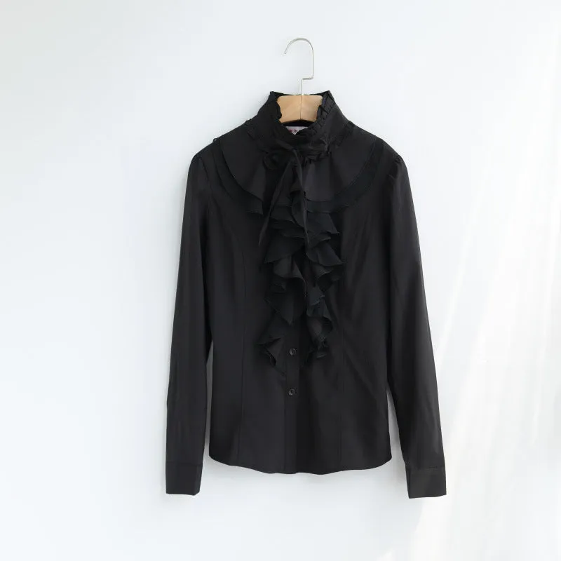 Women Office Blouses Victorian Top Button Silky Lace Collar Ruffle Satin Shirts 4025