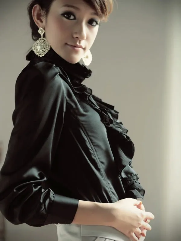 Women Office Blouses Victorian Top Button Silky Lace Collar Ruffle Satin Shirts 4025