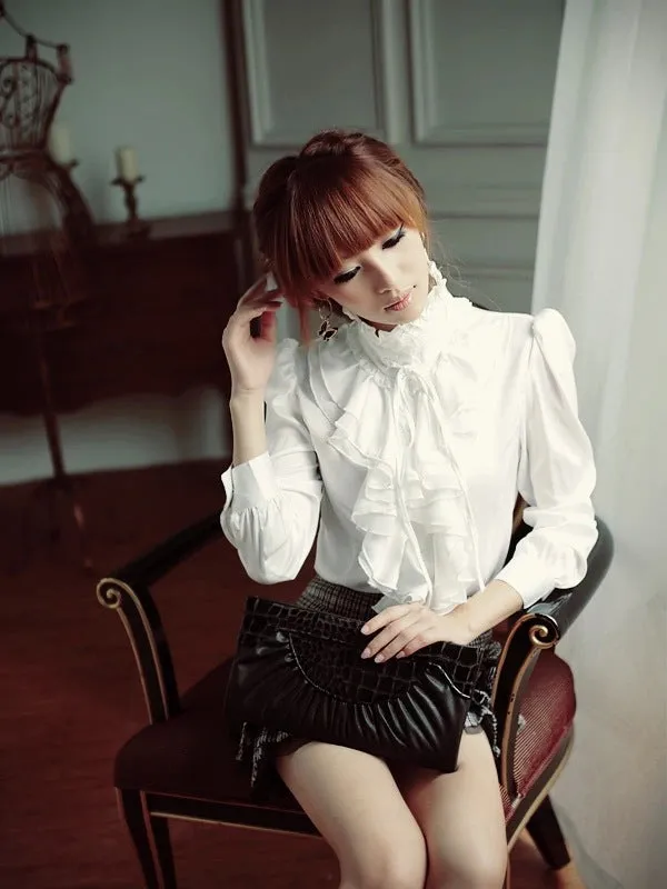 Women Office Blouses Victorian Top Button Silky Lace Collar Ruffle Satin Shirts 4025